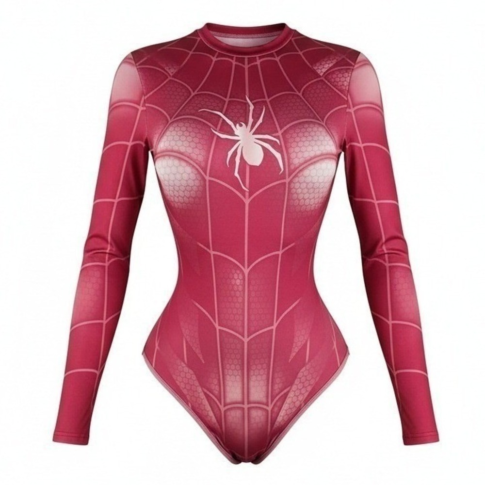 New XS Magenta Spider Web Long Sleeve Bodysuit Spiderman Superhero Costume